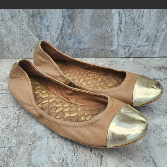 Sam Edelman Women's 7.5 Baxton 2 Tan Leather Gold Cap Toe Slip On Ballet Flats - Picture 11 of 11